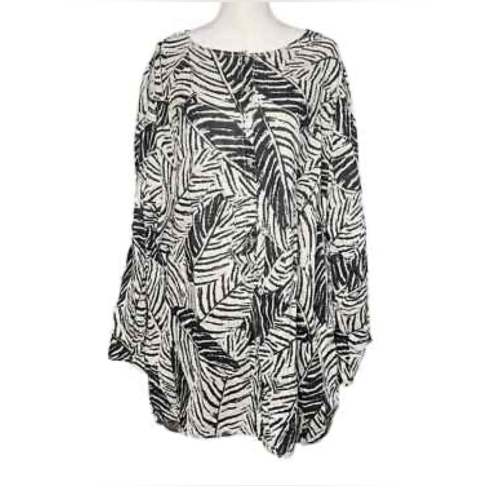 cynthia rowley 100% linen Black and White Leaf Print Women's Top